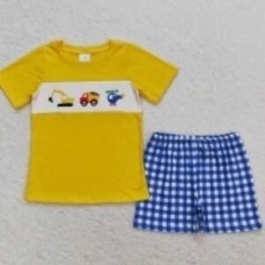 Yellow Construction T-Shirt and Blue Checkered Shorts Set